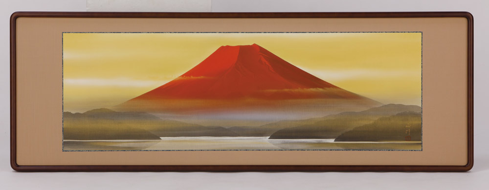 日本画　川島正行　赤富士　肉筆　らんま額　絵画　美術年鑑掲載作家 全国送料無料　【smtb-k】【ky】