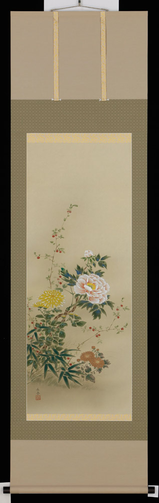 掛軸 四季顕花植物 中野長春 掛け軸 尺五立 全国貨物輸送無料 【smtb-k】【ky】