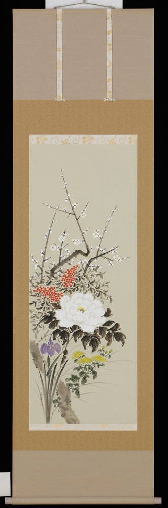 掛軸 四季顕花植物 尾上晩翠 号 九万円 尺五立 掛け軸 全国貨物輸送無料 【smtb-k】【ky】