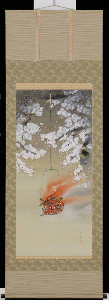 掛軸 夜桜 月村華渓 号 九万五千円 掛け軸 尺八立 全国貨物輸送無料 【smtb-k】【ky】