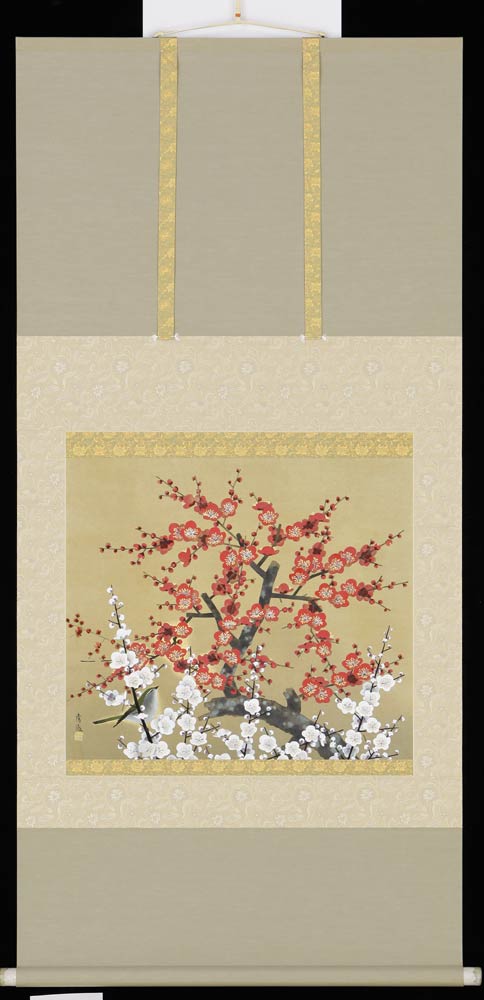 LeLis掛け軸 井上秀峰 赤富士 紅白梅 絹本 希少 茶道具 掛軸 美品 掛軸【赤富士紅白梅】日本画家 井上秀峰◇絹本肉筆 共箱付 日本