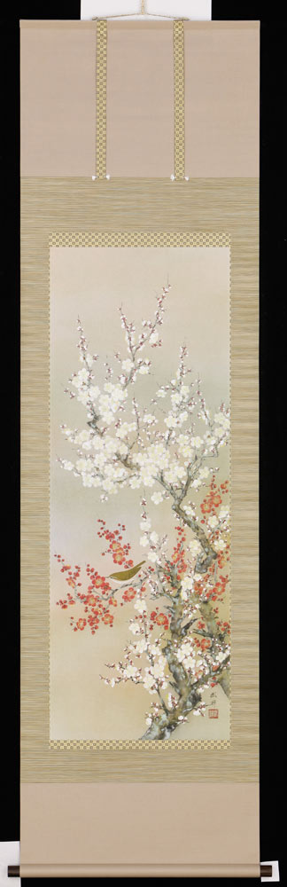 掛け軸 紅白梅鶯 河津武禅 芸術年鑑掲げる執筆者 掛軸 全国貨物輸送無料 【smtb-k】【ky】