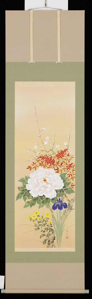 掛け軸 四季顕花植物 宮沢湖春 芸術年鑑掲げる文筆家 掛軸 全国貨物輸送無料 【smtb-k】【ky】