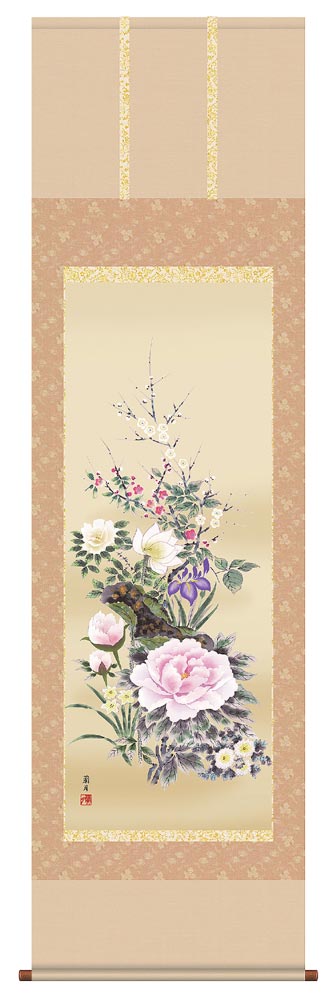 渓月　四季花　掛け軸 花鳥の掛け軸 伊藤渓山作 四季花鳥 お得な4本セット