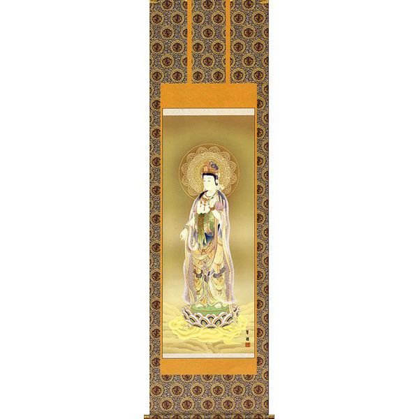 素　仙　筆　　【　絹本彩色画　・雲上観音図　】　自題共箱　軸先漆仕立木　610 素 仙 筆 【 絹本彩色画 ・雲上観音図 】 自題共箱 軸先漆仕立木 610