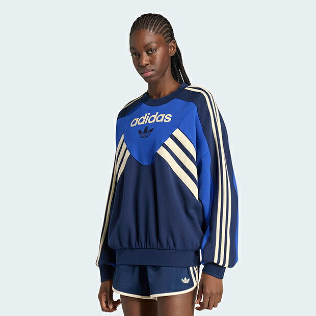 【尖んがり2倍】レディース ガーメントウォッシュ グラフィック 労働者の一団 トレイナー 塗板青碧 【adidas originals|アディダスオリジナルス】hi238-kr7014