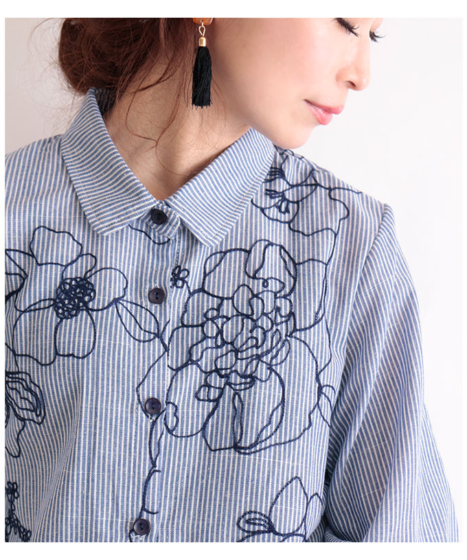 チュニック レディース チュニックシャツ シャツ 刺繍 刺繍シャツ 花刺繍 花柄 半袖 5分袖 ネイビー 夏服 春服 秋服 ミセス ミセスファッション 大人可愛い 30代 40代 50代 60代 サワアラモード Sawaalamode Otona 大人 Kawaii 可愛い 洋服 かわいい服 Mori 森ガール