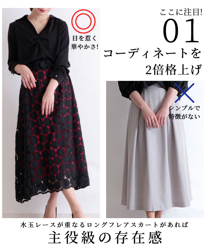 水玉レースが重なるロングフレアスカート スカート レディース ファッション 水玉 レース レッド ブラック 大人可愛い 春 ドット 可愛い 洋服 40代 サワアラモード 森ガール かわいい服 Sawaalamode 30代 大人 Mori 夏 Otona Kawaii 秋 マキシ丈 60代 50代 冬 日本最大の