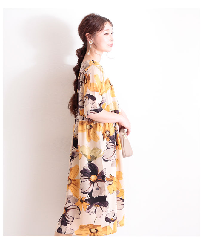 レディースファッション レディースワンピース 洋服 五分袖ワンピース 40代 花柄ワンピース 膝丈ワンピ かわいい服レディースファッション ナチュラル シンプル お洒落 およばれ 春服 夏服 体形カバー ゆったりめ 大人ファッション ゆったり花柄半袖ワンピース ワンピース