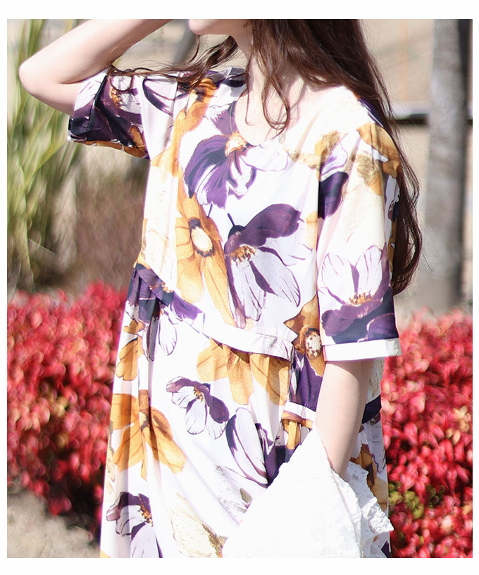 レディースファッション レディースワンピース 洋服 五分袖ワンピース 40代 花柄ワンピース 膝丈ワンピ かわいい服レディースファッション ナチュラル シンプル お洒落 およばれ 春服 夏服 体形カバー ゆったりめ 大人ファッション ゆったり花柄半袖ワンピース ワンピース