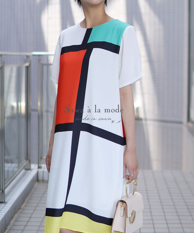 30代 Kawaii レディース おしゃれ 40代 大人 レディースチュニック ミディアム Sawaalamode 50代 オシャレ ホワイト レディースワンピース お出かけ 代 マルチカラーブロッキングワンピース モード Uネック かわいい ファッション 白 旅行 クルーネック 丸首 バイカラー