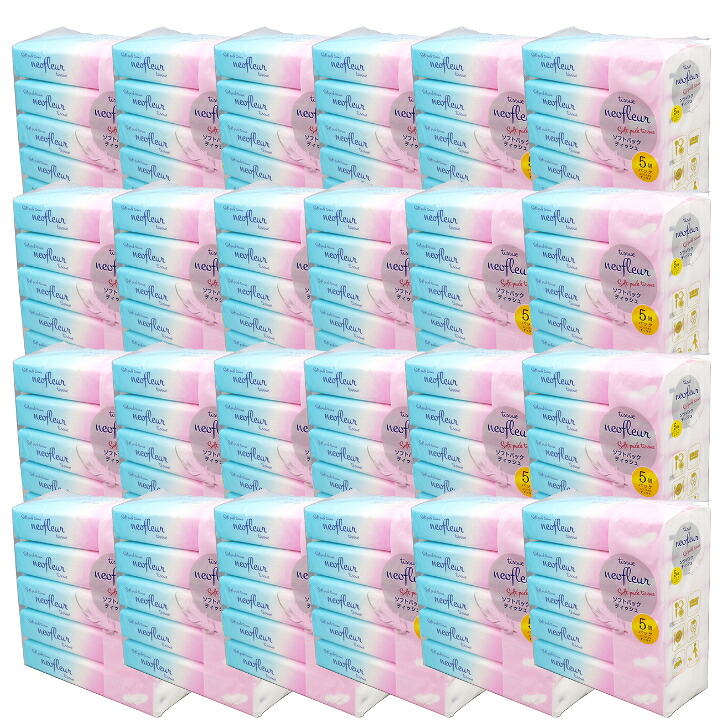 ソフトパックティッシュ 5個パック&times;24(計120個) パルプ100％ (300枚〔150組〕) 縦190mm&times;横200mm コンパクト neofleur tissue 株式会社アクティー｜ANS 店
