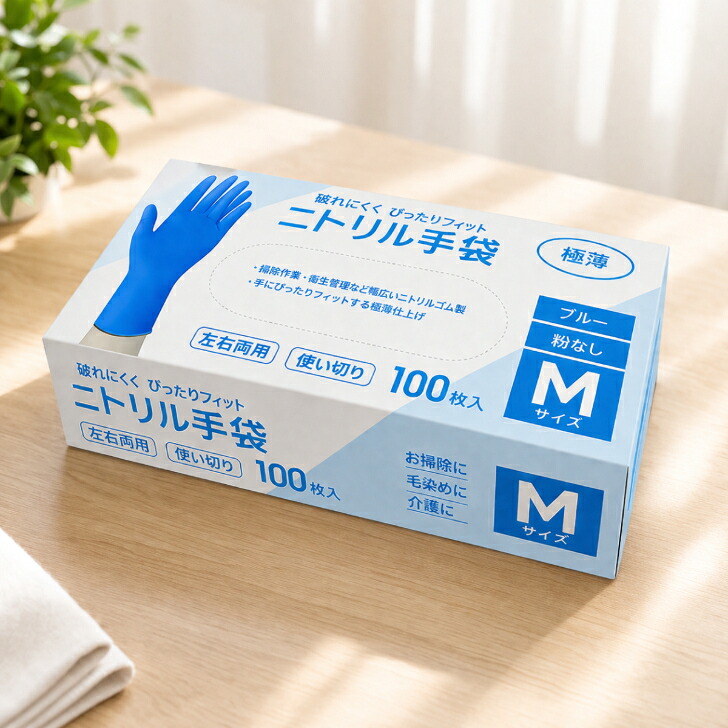ニトリル手袋 ブルー Mサイズ 100枚入(1箱/10箱/20箱) 粉無し 極薄 破れにくい 使い捨て手袋 ニトリルゴム製 左右両用 使い切り ゴム手袋 株式会社グローバル・ジャパン