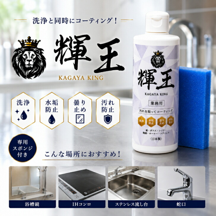 【輝王 専用スポンジ付き】300g 業務用 洗浄コーティング剤 汚れを取ってコーティング 洗浄 水垢防止 曇り止め 汚れ防止 鏡 ガラス シンク 陶器 ホーロー ステンレス 浴槽 トイレ キッチン 洗面台 宮崎化学 日本製|ANS 店