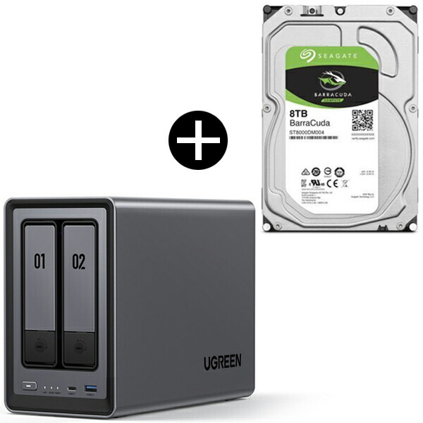 【国内正規店】【HDDセット】 UGREEN DXP2800 NASync NAS 2ベイ + Seagate ST8000DM004 ハードディスクセット 8TB ネットワークHDD スマホ連携 写真バックアップ 初心者向け NFCワンタッチ接続