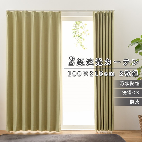 ユニベール 防炎厚地カーテン ステイシー 100×215cm グリーン 2枚組