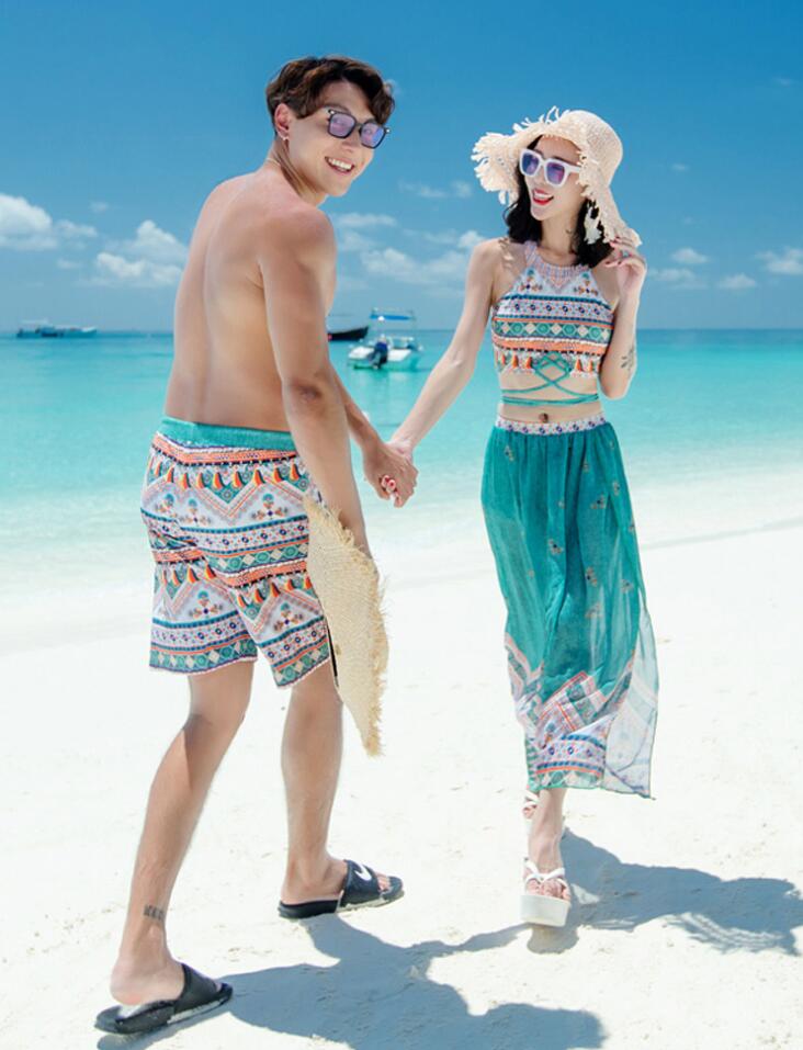 ペアルック 水着 カップル水着 レディース水着3点セット ビキニ スカーフカバーあり セレパート 水着 メンズ水着 半ズボン 花柄ハーフパンツ ボヘミア風 水着 ワイヤー 緑 ブルー Epheseweb Com