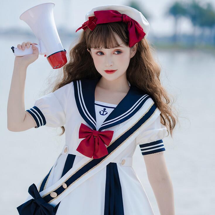 マリン風ワンピース ロリー服 ロリータワンピース 可愛い Lolita 半袖 膝丈ドレス ハロウィン コスチューム 学園祭 文化祭 イベント 変身仮装 コスプレ衣装 ネイビー ブルー septicin Com