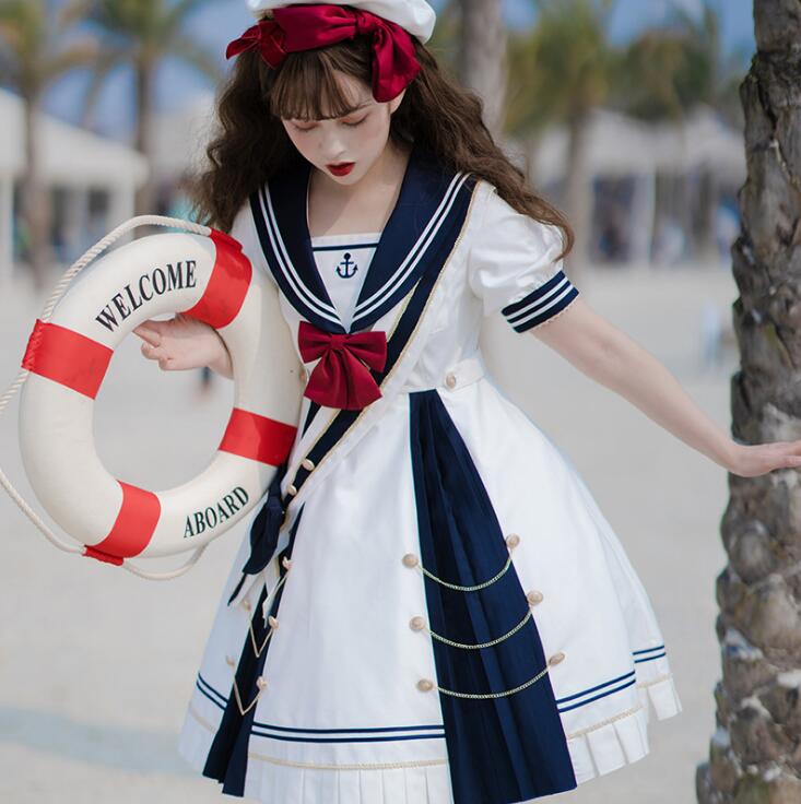 マリン風ワンピース ロリー服 ロリータワンピース 可愛い Lolita 半袖 膝丈ドレス ハロウィン コスチューム 学園祭 文化祭 イベント 変身仮装 コスプレ衣装 ネイビー ブルー septicin Com