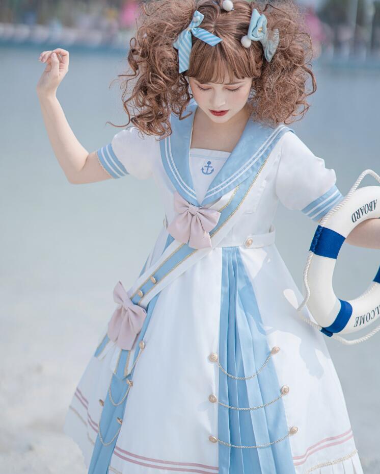 マリン風ワンピース ロリー服 ロリータワンピース 可愛い Lolita 半袖 膝丈ドレス ハロウィン コスチューム 学園祭 文化祭 イベント 変身仮装 コスプレ衣装 ネイビー ブルー septicin Com