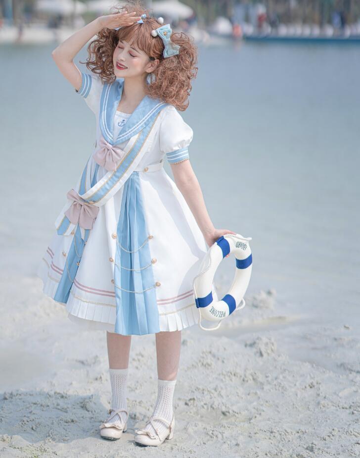 マリン風ワンピース ロリー服 ロリータワンピース 可愛い Lolita 半袖 膝丈ドレス ハロウィン コスチューム 学園祭 文化祭 イベント 変身仮装 コスプレ衣装 ネイビー ブルー septicin Com