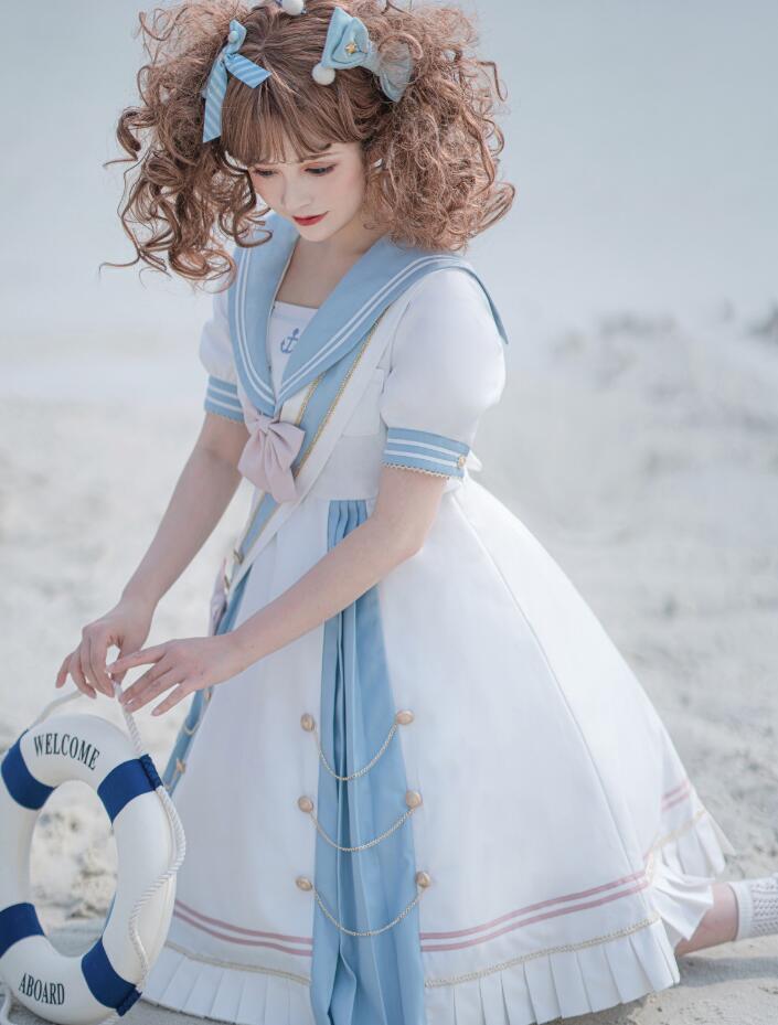 マリン風ワンピース ロリー服 ロリータワンピース 可愛い Lolita 半袖 膝丈ドレス ハロウィン コスチューム 学園祭 文化祭 イベント 変身仮装 コスプレ衣装 ネイビー ブルー septicin Com