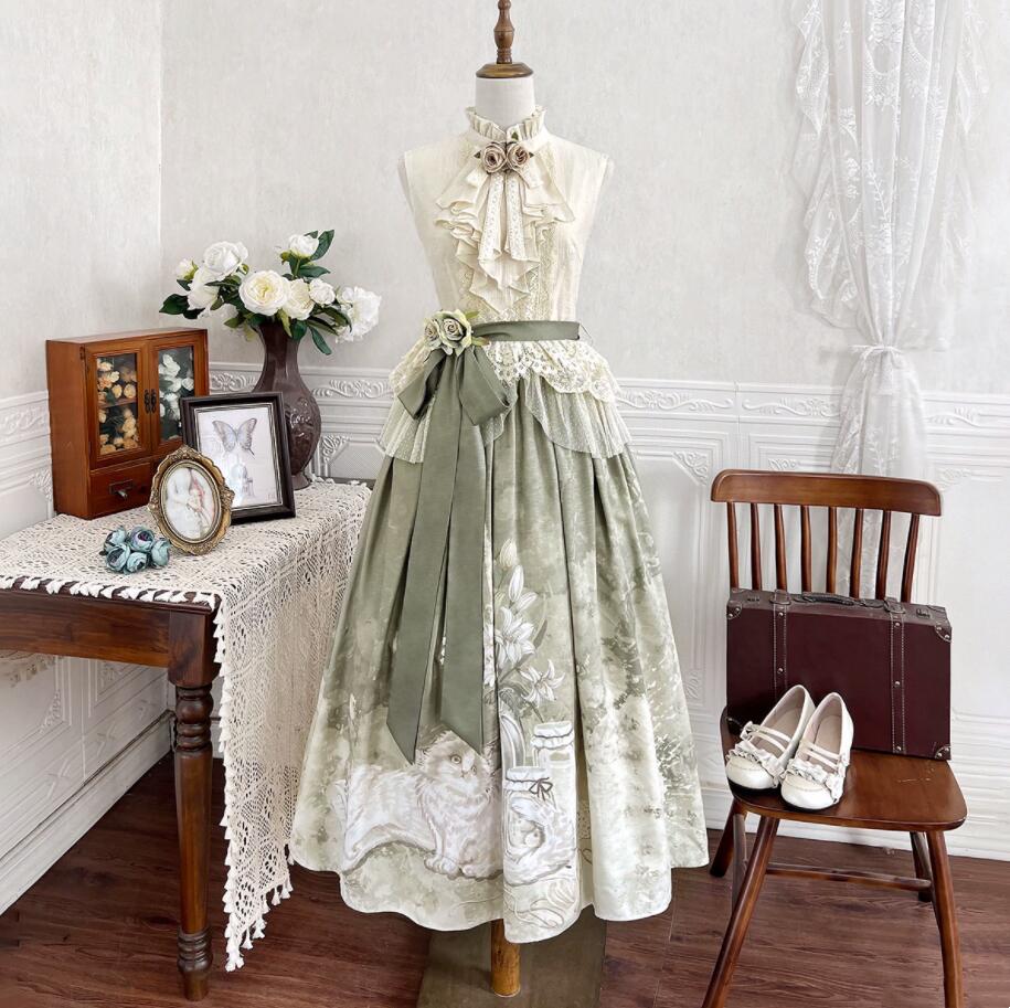 中華風 ロリータ服 上下セット 漢風 レーススカラップ トップス 花飾り付き ロング丈 ミモレ丈 プリーツスカート お嬢様 ハロウィン コスプレ衣装 女性 夏服 学園祭 文化祭 イベント 発表会 撮影衣装