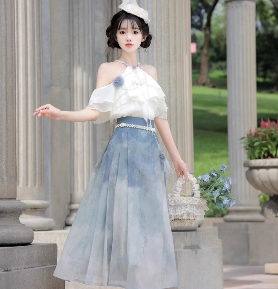 レディース 漢服 女性 ハロウィン コスプレ衣装 漢元素 上下セット スカラップ ボートネックトップス ロング丈馬面スカート パール飾り付き 学園祭 文化祭 イベント 撮影衣装 改良版漢服 おしゃれ