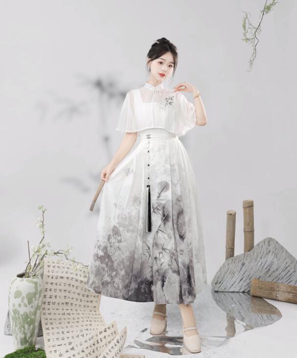 漢服 漢元素 レトロドレス 2点セット 袖なしドレス＋羽織 竹刺繍 ボレロ 改良版漢服 変身仮装レディース ハロウィン コスプレ衣装 ロング丈 レトロドレス 春夏秋 演出服 普段着 学園祭 文化祭 撮影衣装