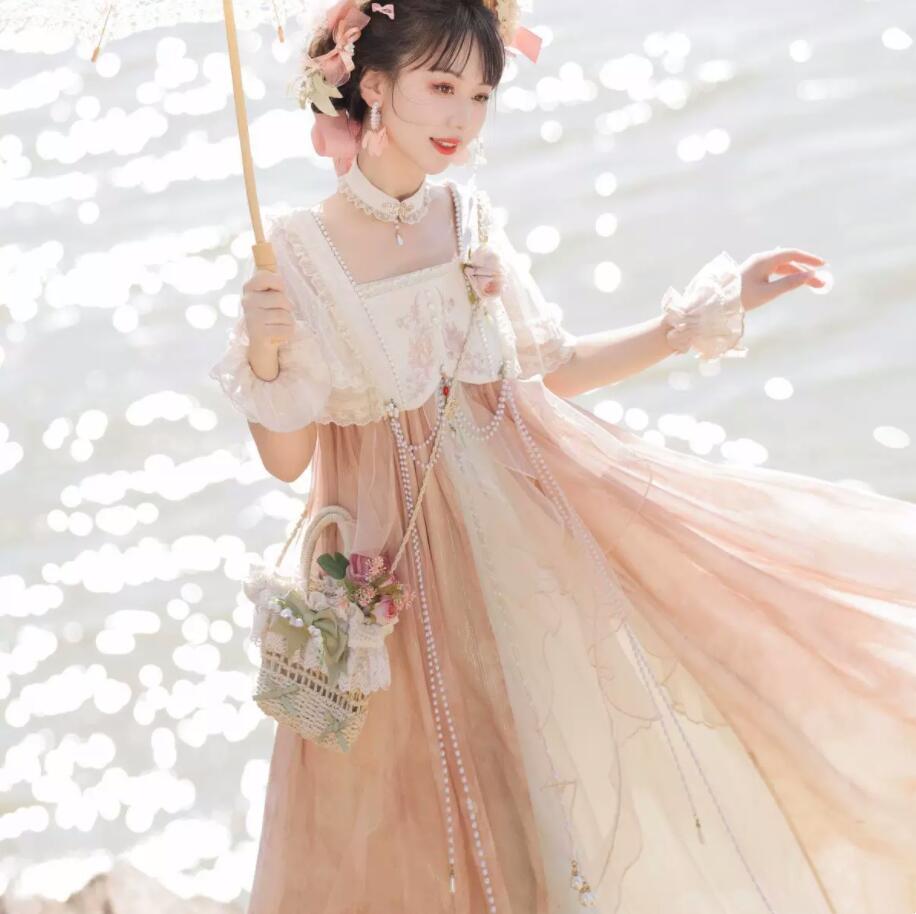 漢服 ゴージャス 漢風ドレス ドレス＋羽織 パール付き レディース ハロウィン コスプレ衣装 漢元素 お嬢様 コスプレ衣装 刺繍付き 中華風ドレス 古典ダンス衣装 学園祭 文化祭 イベント 発表会 撮影衣装 ピンク