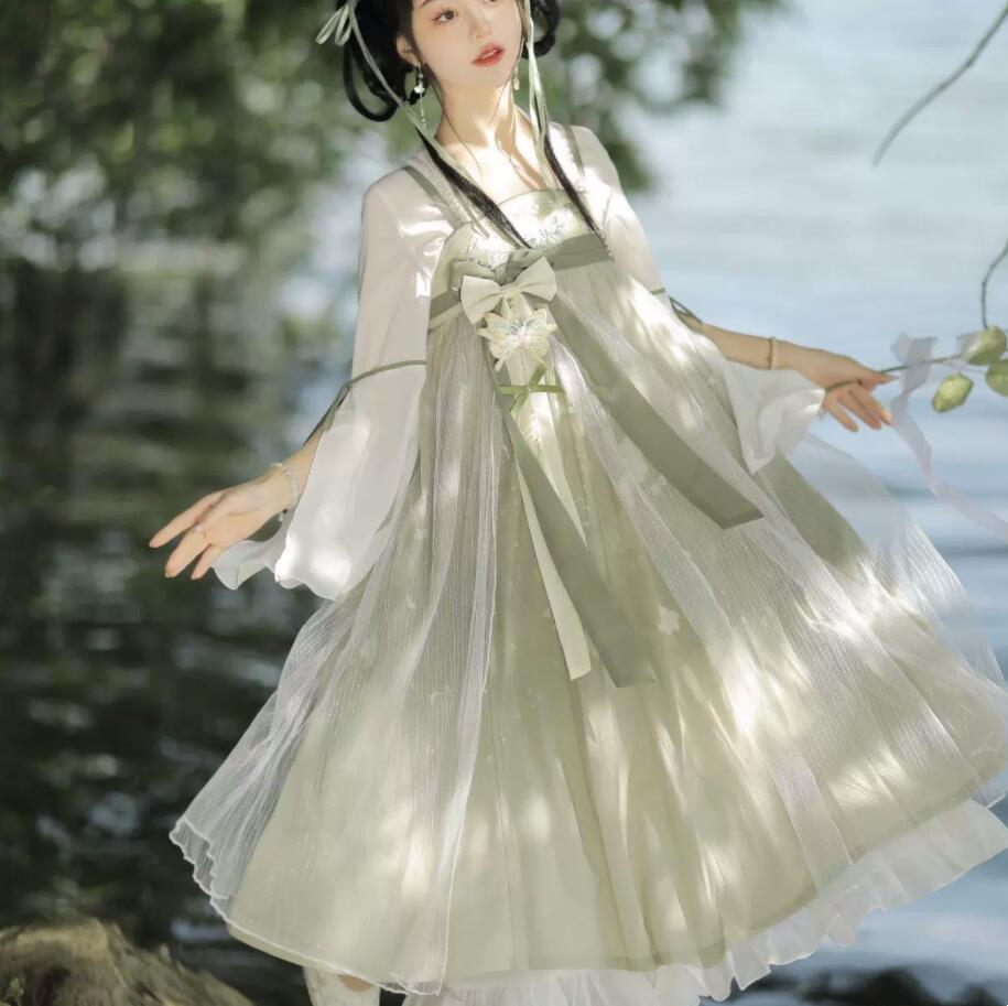 漢服 古風 ドレス レディース 改良版漢服 コスプレ衣装 漢風 お嬢様 コスプレ衣装 フレア袖 ボレロ ミモレ丈 キャミソール ドレス 刺繍付き パール飾り付き 中華風ドレス 古典ダンス衣装 学園祭 文化祭 イベント 発表会 撮影衣装
