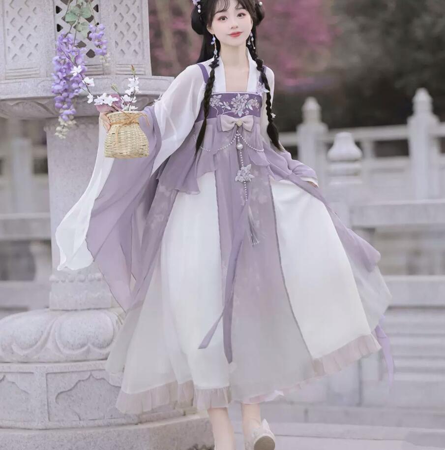 漢服 古風 ドレス レディース 改良版漢服 コスプレ衣装 漢風 お嬢様 ゴージャス コスプレ衣装 フレア袖 羽織 ロング丈 キャミソール ドレス 刺繍付き パール飾り付き 中華風ドレス 古典ダンス衣装 学園祭 文化祭 イベント 発表会 撮影衣装