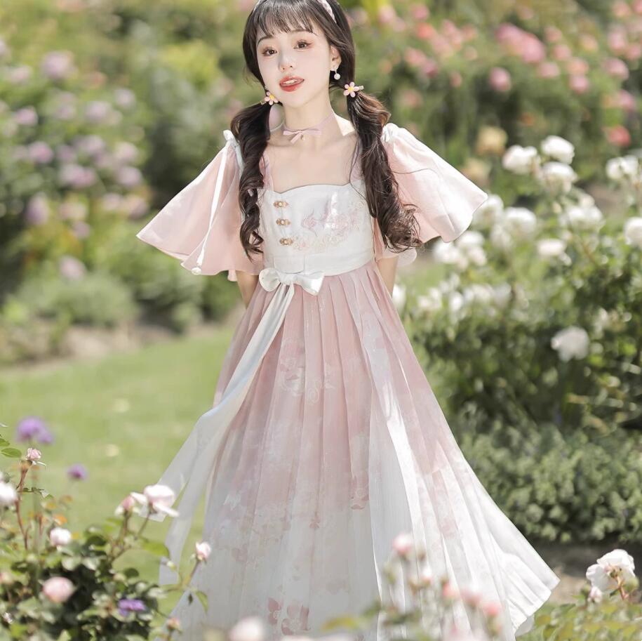漢服 古風 ドレス レディース 改良版漢服 コスプレ衣装 漢風 お嬢様 フレア袖 半袖ドレス 刺繍付き 可愛い 中華風ドレス 古典ダンス衣装 学園祭 文化祭 イベント 発表会 撮影衣装 ピンク