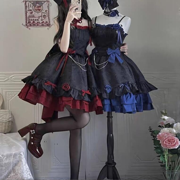 暗黒rose ロリータ ワンピース ゴシック ロリータ服 膝丈 キャミソール ドレス 花飾り付き 背中大きいリボン 女性 ハロウィン コスプレ衣装 魔女 悪魔 妖精 コスチューム 学園祭 文化祭 イベント ハロウィン 仮装