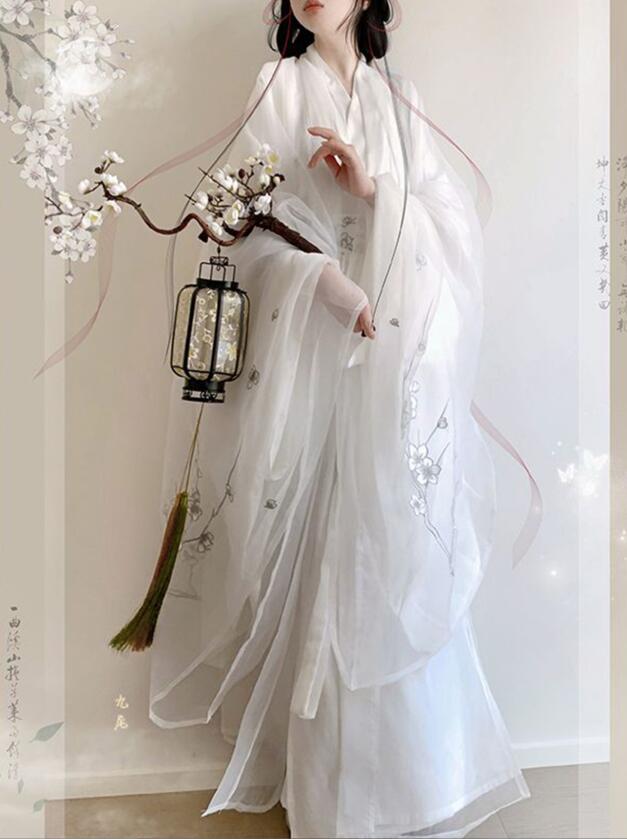 レディース漢服 梅の花柄 唐装漢服 コスプレ衣装 古代美人服 中華服 コスプレ コスチューム 学園祭 文化祭 イベント 撮影衣装 女性 ハロウィン 変身仮装 大きい袖 羽織 漢服 ホワイト