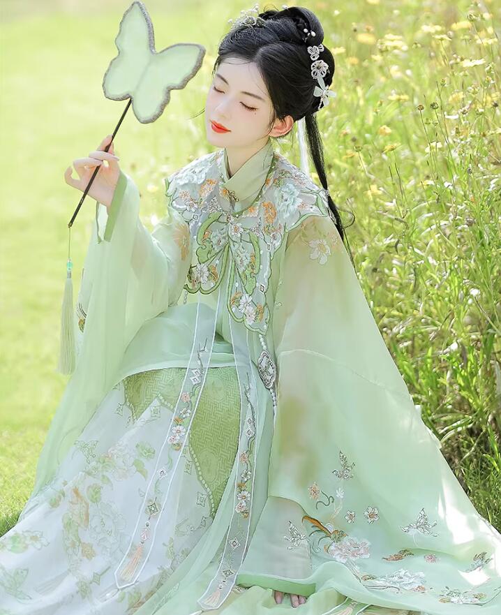 漢服 コスプレ レディース 古風ドレス 中国古代 お嬢様ドレス 春夏秋 コスプレ衣装 華流 唐装漢服 ハロウィン コスプレ衣装 コスチューム 刺繍 ドレス＋羽織＋キャミソール＋雲肩 グリーン 4点セット