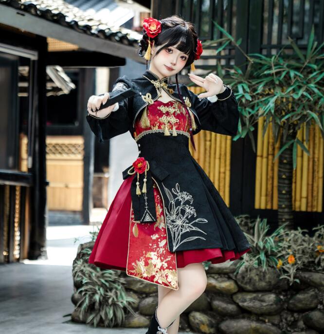 【藍月】ゴスロリスタイル 黒赤　Ｓサイズ Qoo10] ゴスロリ 黒 赤 ロリータ ミニスカート