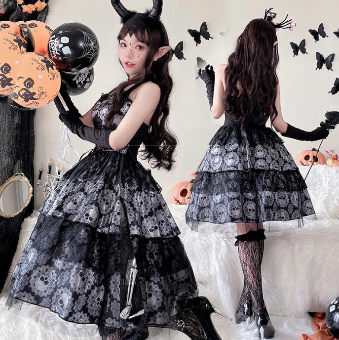 女性 ハロウィン コスプレ衣装 ゴスロリ 暗黒風 ゴシック ロリータ服 膝丈 キャミソール Halloween パーティー衣装 コスチューム 魔女  髑髏 悪魔 ゴースト 鬼嫁 変身仮装 【即出荷】