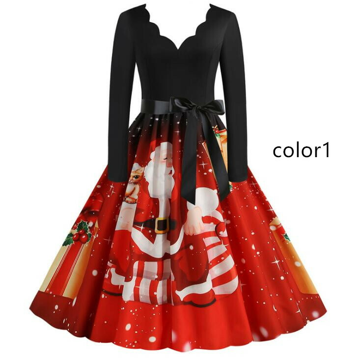 レトロワンピース クリスマス元素ドレス コスプレ 女性 Vネック 衣装 ハロウィン ロング丈ドレス