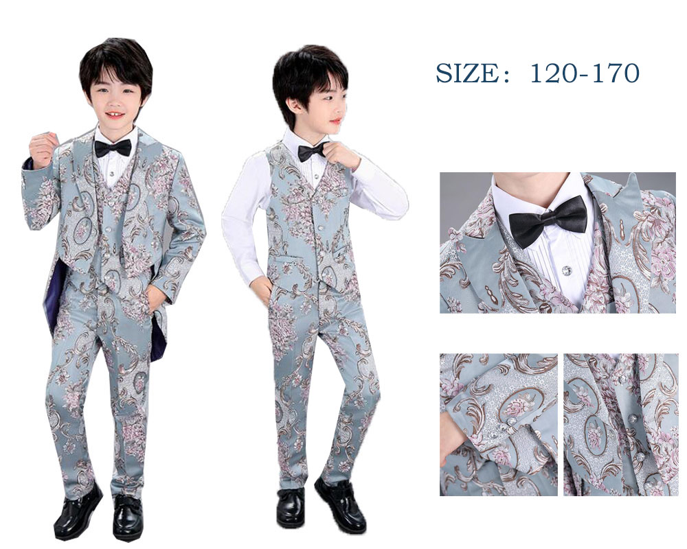 注目の 燕尾服 子供 子供用タキシード 男の子燕尾服 ヨーロッパ風 ジャカード花柄 男の子結婚式スーツ ピアノ 発表会 演奏会 王子様 オペラ衣装 舞台演出服 3点セット ベスト コート パンツ 初回限定 Cedeba Com Ar