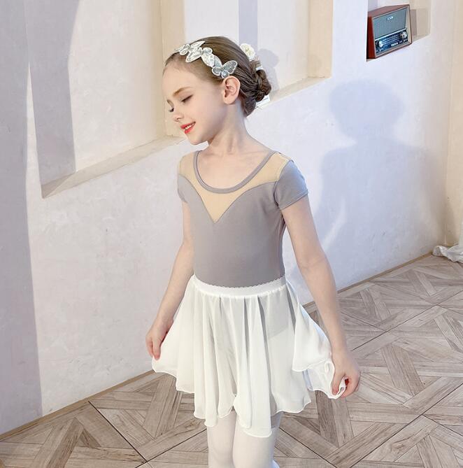 バレエ レオタード 子供 バレエダンス衣装 シフォンスカート 2点セット 新体操 ホック付き グレー 練功服 キッズバレエ衣装 半袖 長袖ブ 人気商品の