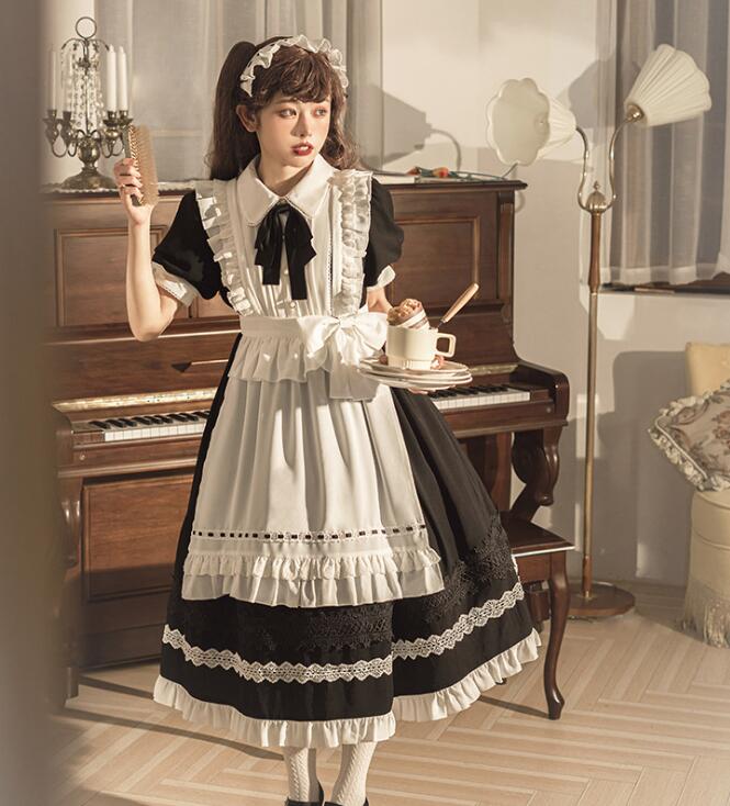 ロング丈 メイド服 ロリータワンピース メイド 可愛い ワンピース ロング丈ワンピース ハロウィン コスプレ 学園祭 文化祭 イベント衣装 長袖メイド服 半袖メイド服 エプロン取り外し可 髪飾り付き Formamiante Eu
