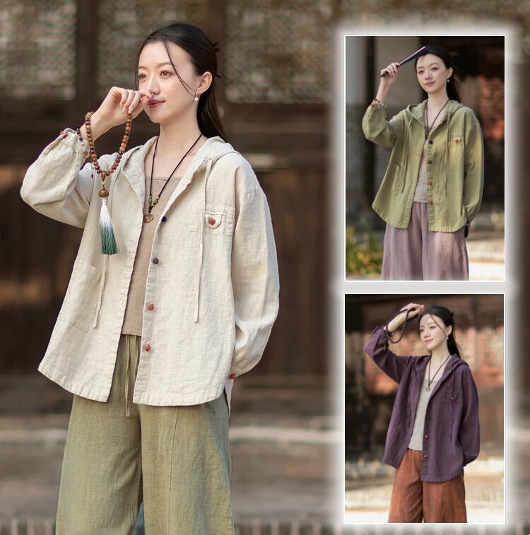 レディース 綿麻コート フード付き 春秋 パーカー ナチュラル 綿麻アウター チャイナ服 茶服 女性 トップス レトロ 無地 おしゃれ 女性 春秋 カジュアルコート パーカー