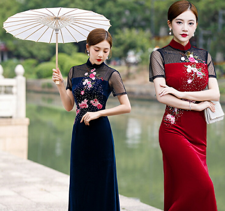 楽天市場】ロング チャイナドレス ベロア 半袖ドレス マキシ丈