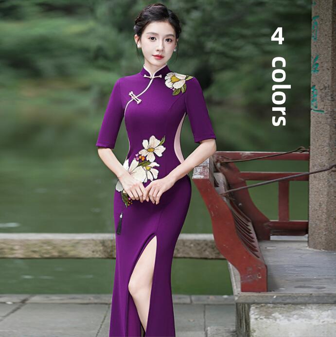 楽天市場】チャイナドレス ロング丈 チーパオ スパンコール 刺繍 細身