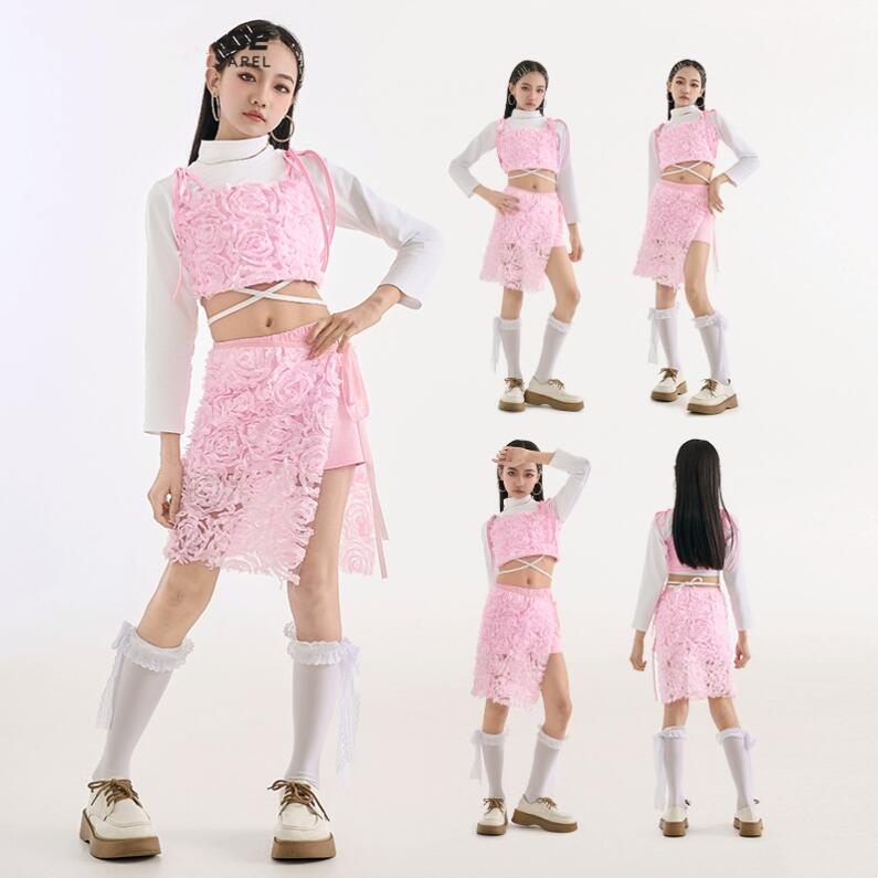 女の子 ジャズダンス衣装 4点セット チア ガールズ 演出服 花飾りベスト 花飾りスカート 女の子 かっこいい ダンス衣装 チアダンス ステージ ダンス衣装 見せパン付き ピンク
