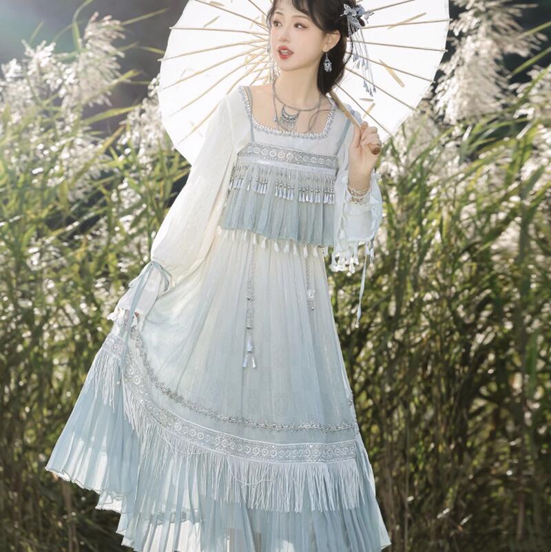 漢風 ドレス 改良版漢服 レディース ハロウィン コスプレ衣装 漢元素 華流 古風 衣装 キャミソールドレス＋長袖ブラウス2点セット フリンジ付き 金属飾り付き 学園祭 文化祭 イベント 撮影衣装