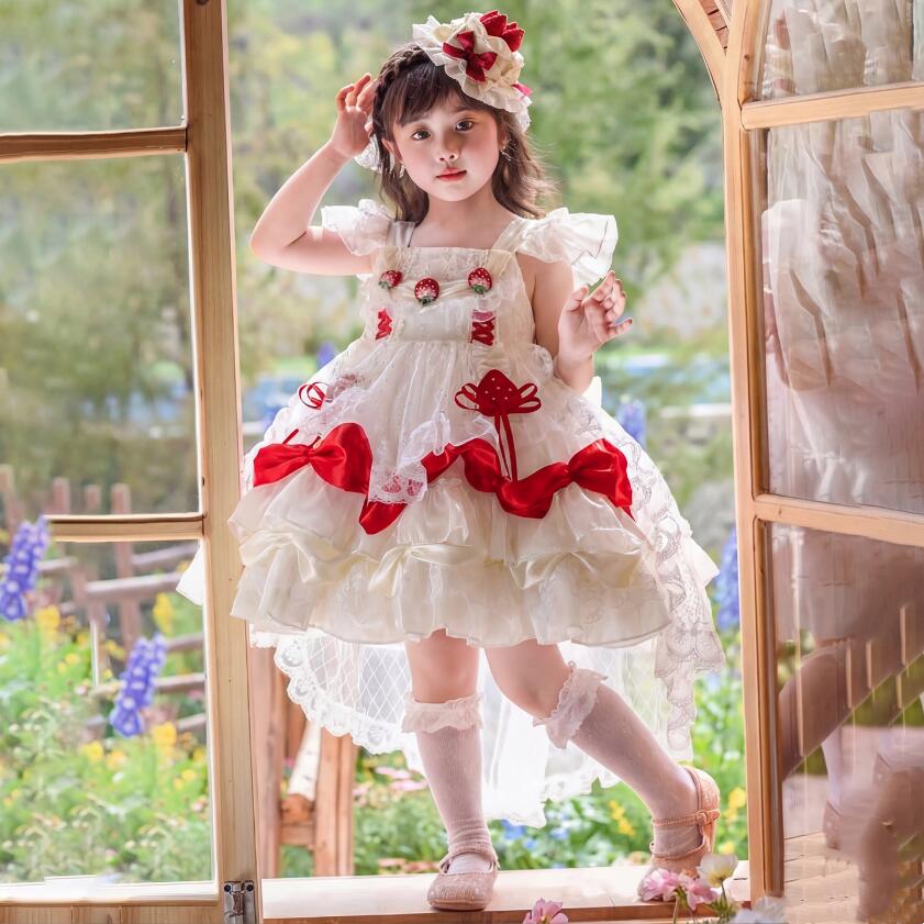 女の子 ロリータワンピース トレーン ロリータ服 可愛い ティアードドレス イチゴ飾り付き ロリータドレス 配色 背中リボン付き 女の子 プリンセスドレス コスプレ衣装 お誕生日 プレゼント