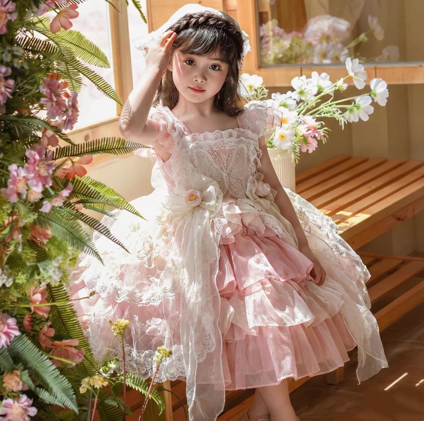 女の子 ロリータワンピース 可愛い 豪華 花飾り付き キャミソール プリンセスドレス 子供 ロリータ服 可愛い ティアードドレス 背中リボン付き 女の子 仙女 精霊 コスプレ衣装 お誕生日 プレゼント