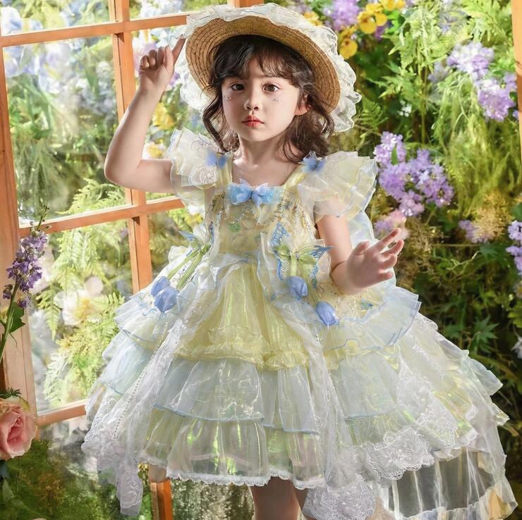 女の子 ロリータワンピース トレーン 可愛い 花飾り付き プリンセスドレス 子供 ロリータ服 重ね重ね ティアードドレス 背中リボン付き 女の子 仙女 精霊 コスプレ衣装 お誕生日 プレゼント 4,963円